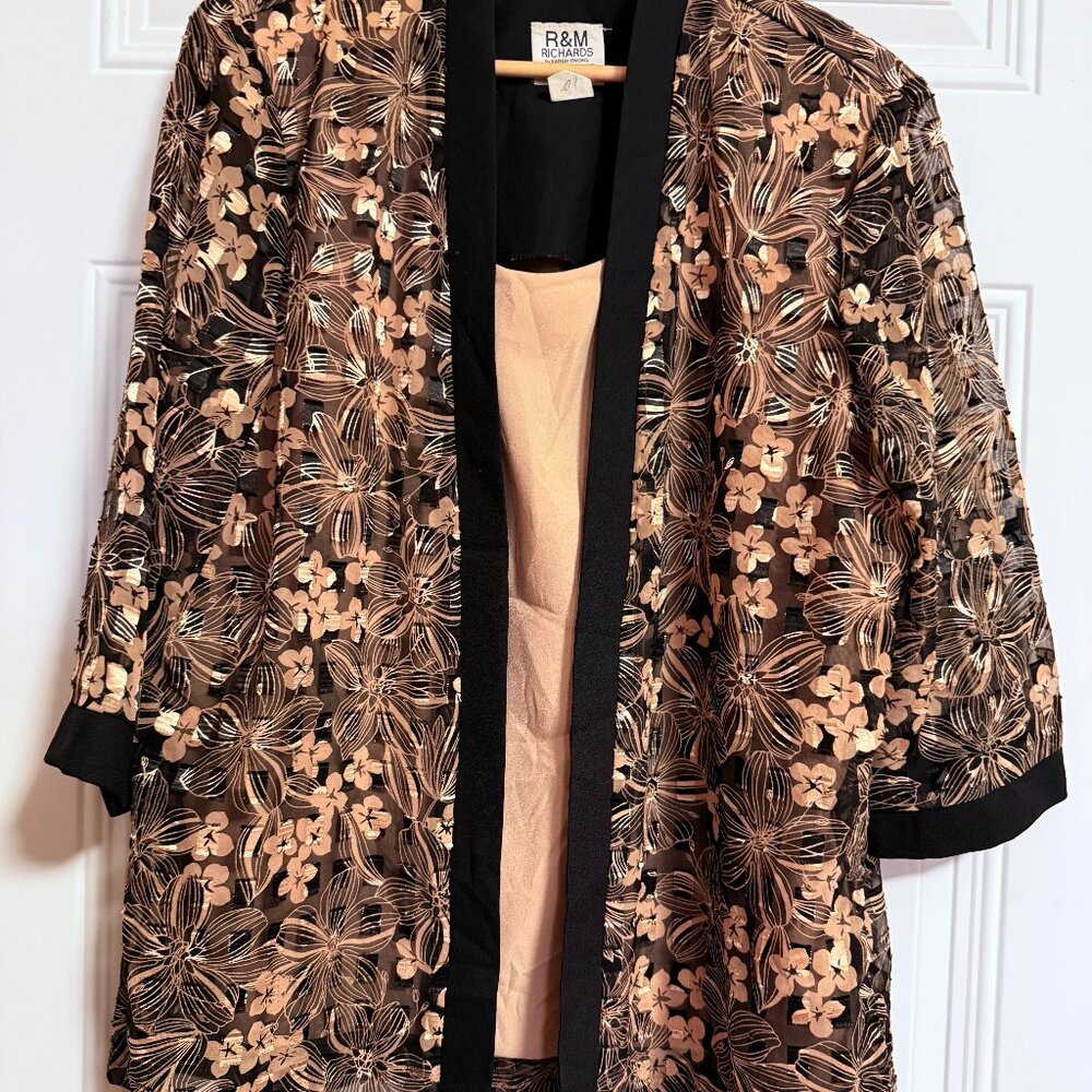 R & M Richards Blouse SZ 16P Elegant Metallic Trimmed Hems Floral Chic Career